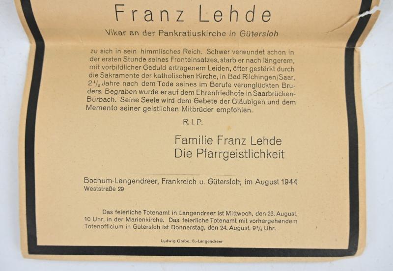 German WH Sanitäter Deathcard and Letter Priest 'Franz Lehde'