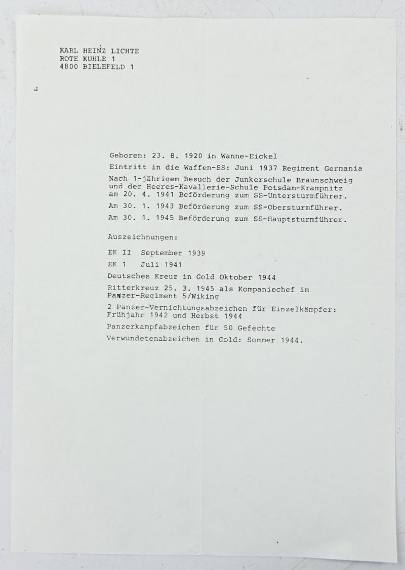 Signature of Waffen-SS KC Recipient 'Karl-Heinz Lichte'