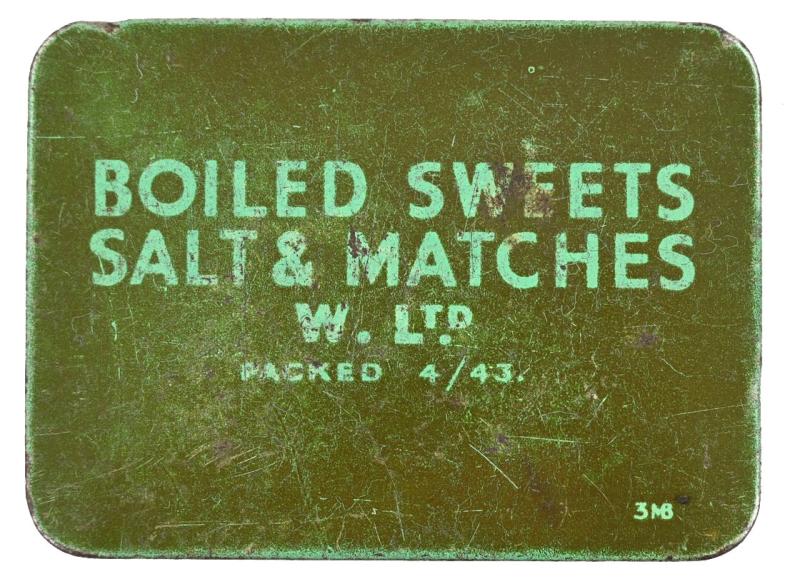 British WW2 Tin can of Boiled Sweets, Salt & Matches