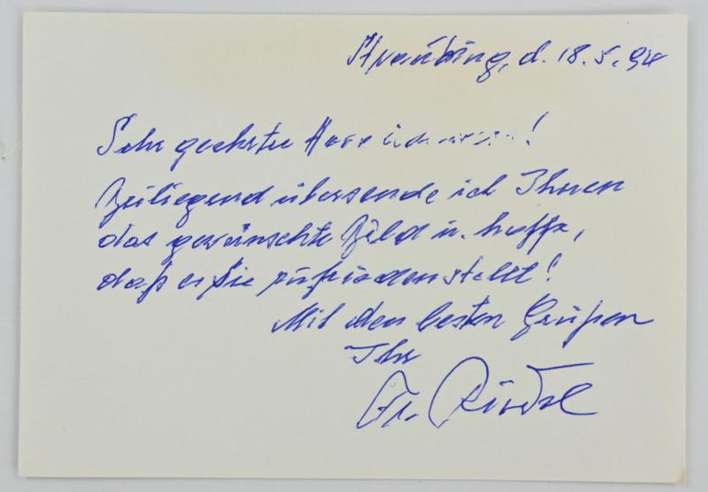 Signature of Waffen-SS Knight's Cross Recipient 'Franz Riedel'